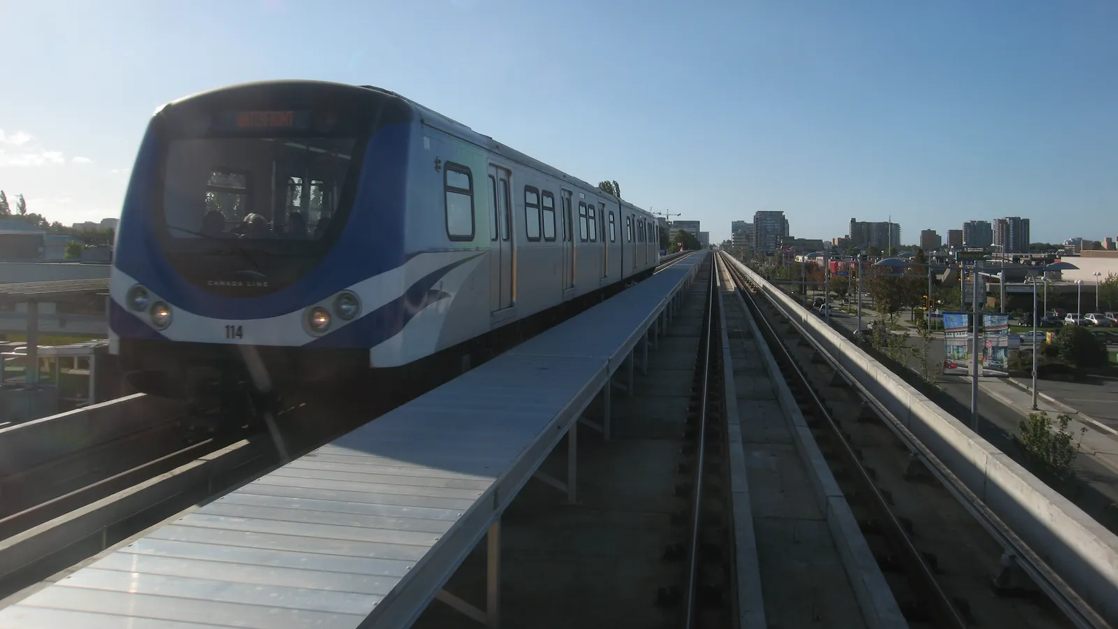 Canada Line train on the guideway above No. 3 Road