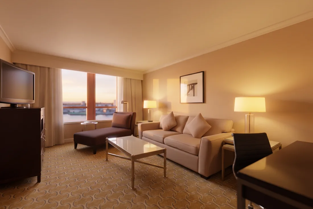 River Rock hotel suite with a window on the river