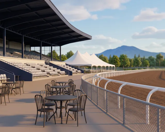 Hastings Racecourse grandstand and empty patio by the track