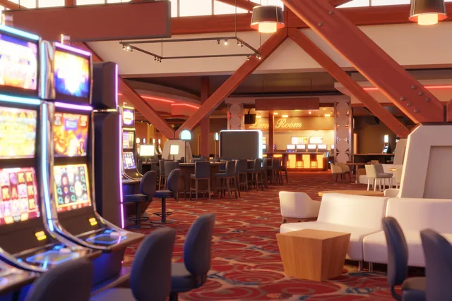 Slot floor under timber trusses at Starlight Casino